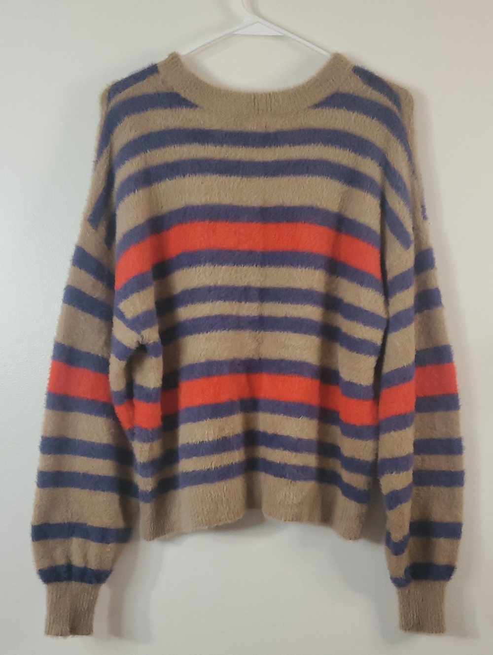 Aerie Flurry Crew Cozy Striped Fuzzy Sweater Tan, Navy & Red Size XS Oversized - Picture 9 of 16